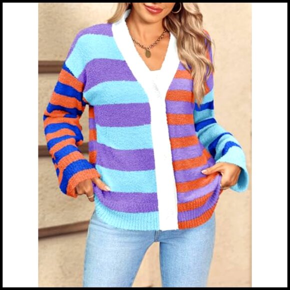 V-Neck Open Front Cardigan, Fuzzy Knit, Loose Fit, Long Sleeve, Button Up - Picture 3 of 7